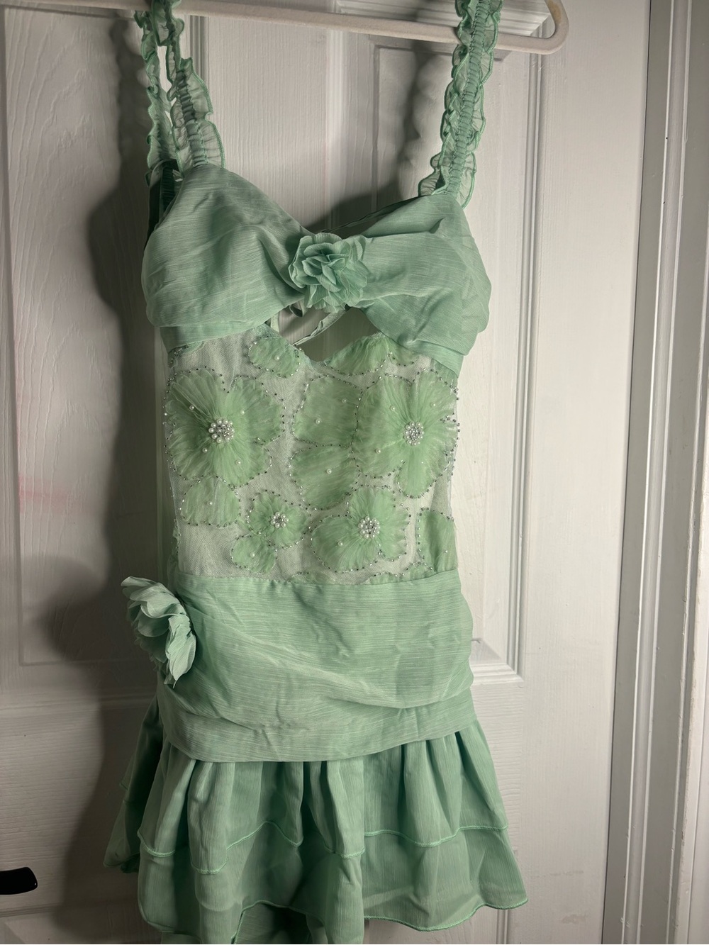 Mint Green Floral Appliqué Mini Dress